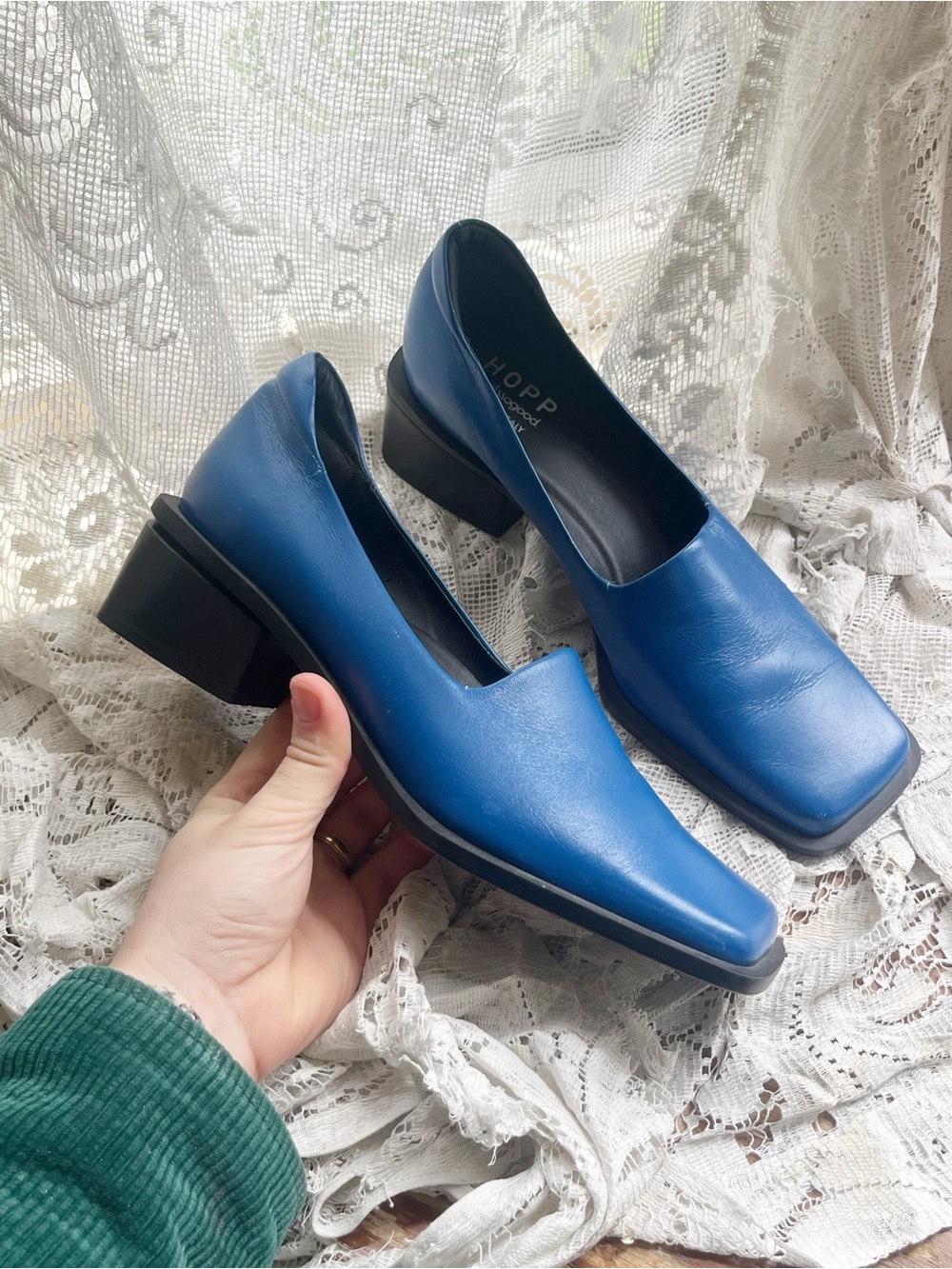 Hopp Studios Italian Blue Bare Loafer Square Toe Block Heel Pumps Size 8.5
